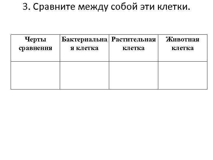  3. Сравните между собой эти клетки.    Черты Бактериальна Растительная 