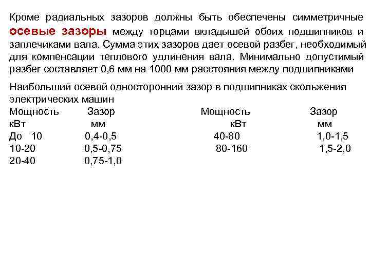Кроме радиальных зазоров должны быть обеспечены симметричные осевые зазоры между торцами вкладышей обоих подшипников