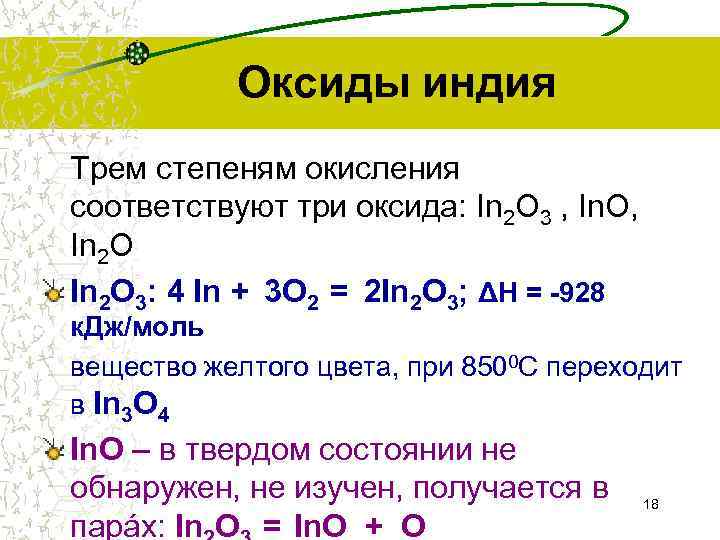  Оксиды индия Трем степеням окисления соответствуют три оксида: In 2 О 3