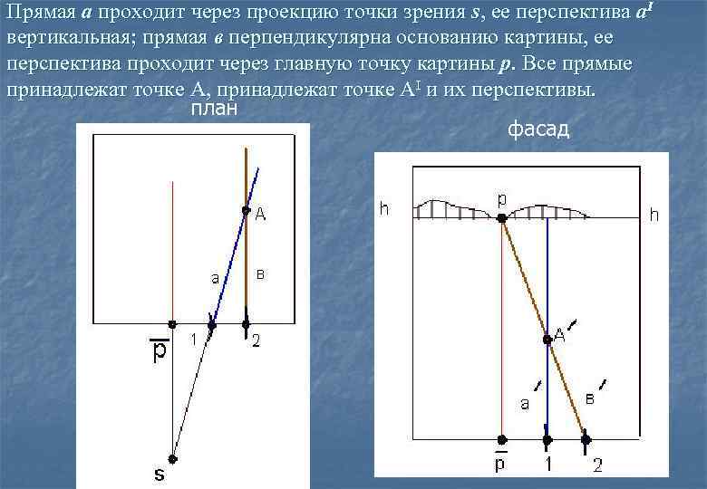 Прямая а проходит через проекцию точки зрения s, ее перспектива а. I вертикальная; прямая