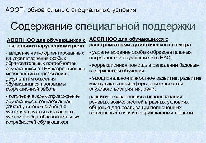 АООП: обязательные специальные условия. Содержание специальной поддержки АООП НОО для обучающихся с  тяжелыми