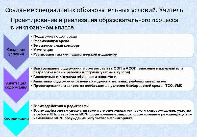 Создание специальных образовательных условий. Учитель  Проектирование и реализация образовательного процесса в инклюзивном классе
