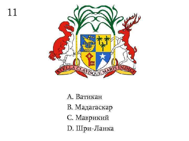 11   А. Ватикан B. Мадагаскар С. Маврикий D. Шри-Ланка 