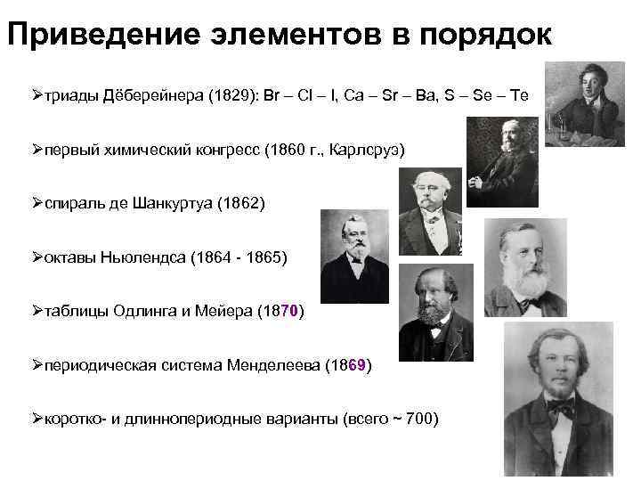 Приведение элементов в порядок Ø триады Дёберейнера (1829): Br – Cl – I, Ca