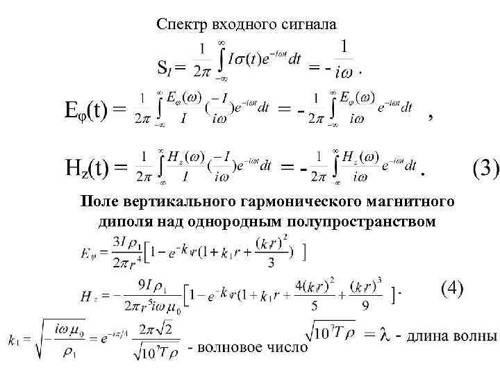   Спектр входного сигнала Поле вертикального гармонического магнитного  диполя над однородным полупространством