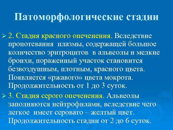   Патоморфологические стадии Ø 2. Стадия красного опеченения. Вследствие  пропотевания плазмы, содержащей