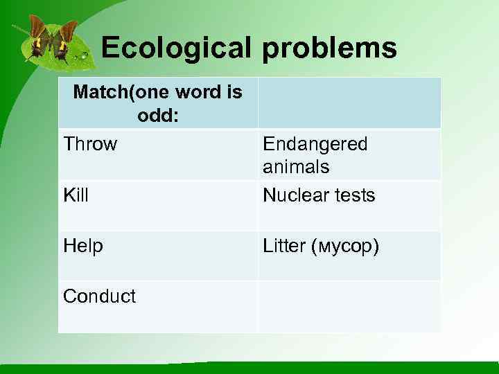   Ecological problems Match(one word is  odd: Throw    Endangered