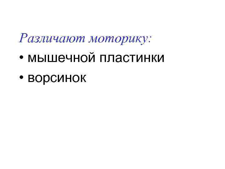 Различают моторику: • мышечной пластинки • ворсинок Различают моторику: • мышечной пластинки • ворсинок