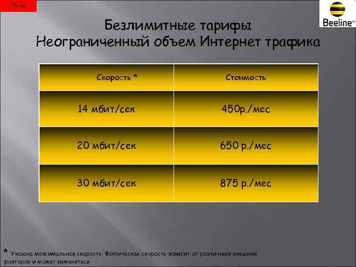  Тула     Безлимитные тарифы  Неограниченный объем Интернет трафика 