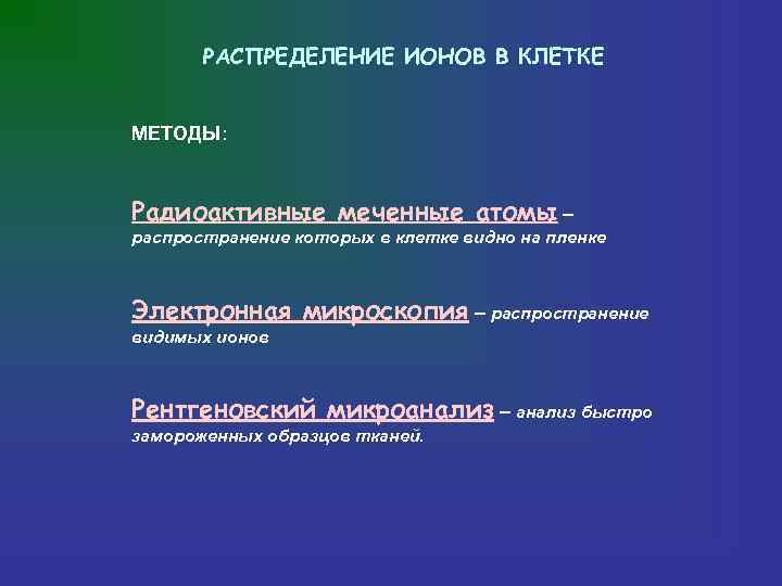   РАСПРЕДЕЛЕНИЕ ИОНОВ В КЛЕТКЕ  МЕТОДЫ: Радиоактивные меченные атомы – распространение которых