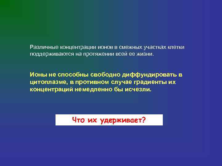 Различные концентрации ионов в смежных участках клетки поддерживаются на протяжении всей ее жизни. Ионы