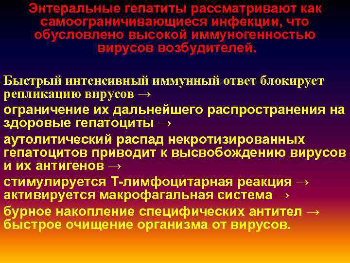   Энтеральные гепатиты рассматривают как самоограничивающиеся инфекции, что обусловлено высокой иммуногенностью  