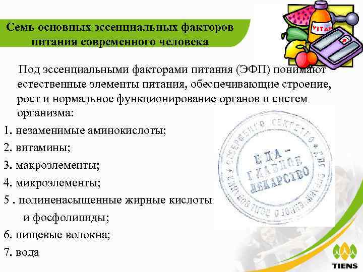 Семь основных эссенциальных факторов  питания современного человека Под эссенциальными факторами питания (ЭФП) понимают