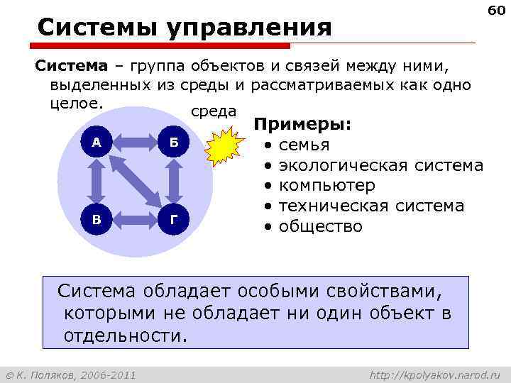       60 Системы управления Система – группа объектов и