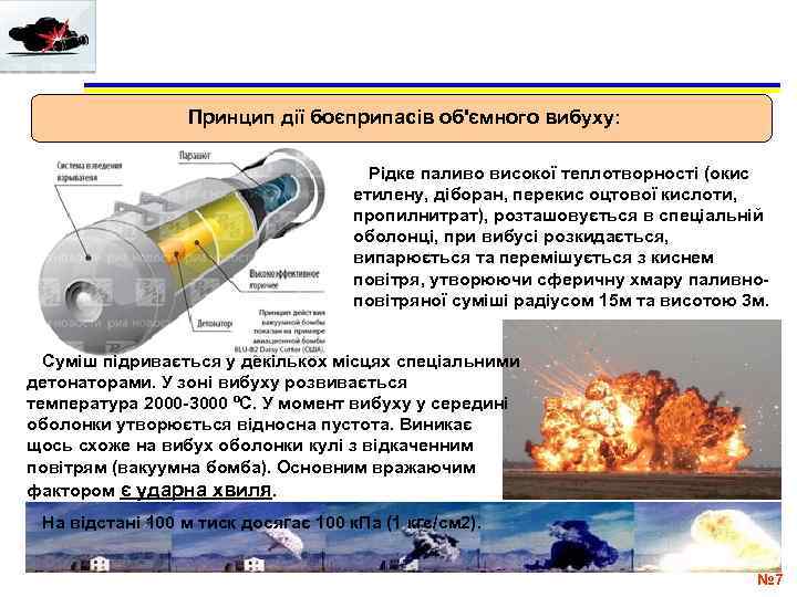    Принцип дії боєприпасів об'ємного вибуху:      