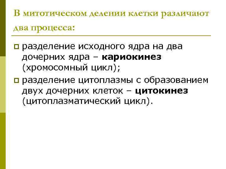 В митотическом делении клетки различают два процесса: p разделение исходного ядра на два 