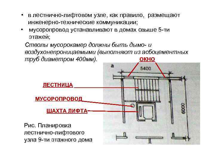  • в лестнично-лифтовом узле, как правило,  размещают  инженерно-технические коммуникации;  •