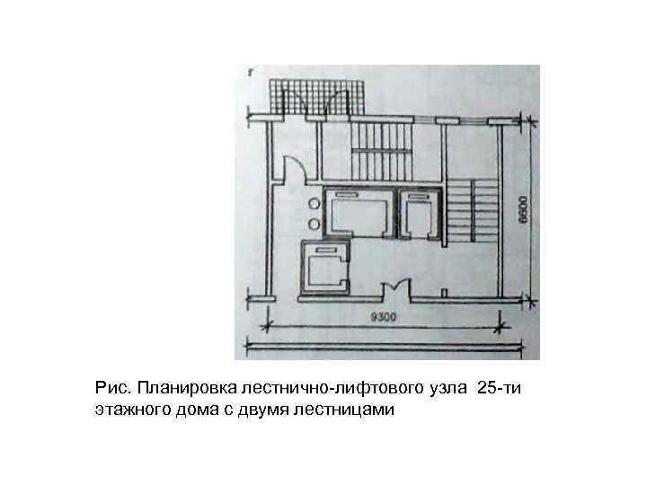 Рис. Планировка лестнично-лифтового узла 25 -ти этажного дома с двумя лестницами  