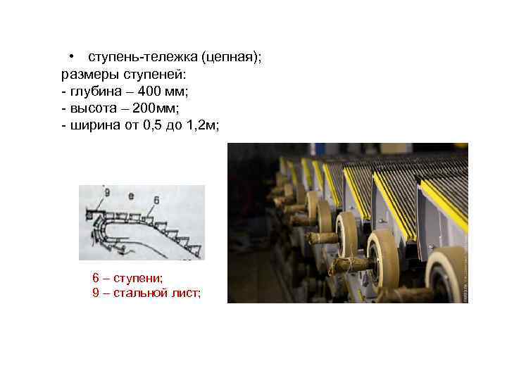   • ступень-тележка (цепная); размеры ступеней: - глубина – 400 мм; - высота