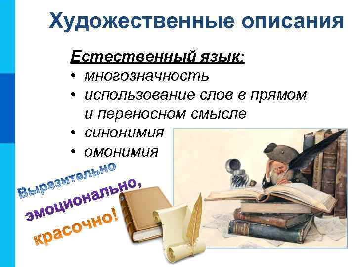 Художественные описания Естественный язык:  • многозначность  • использование слов в прямом и