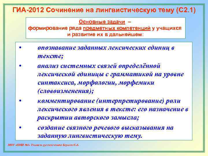   ГИА-2012 Сочинение на лингвистическую тему (С 2. 1)    