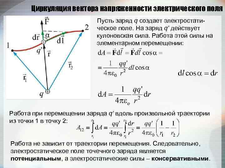 Поле вектора напряженности. Понятие циркуляции вектора напряженности поля. Циркуляция вектора напряженности электрического поля. Теорема о циркуляции вектора е. Циркуляция вектора напряженности.