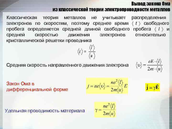      Вывод закона Ома    из классической теории
