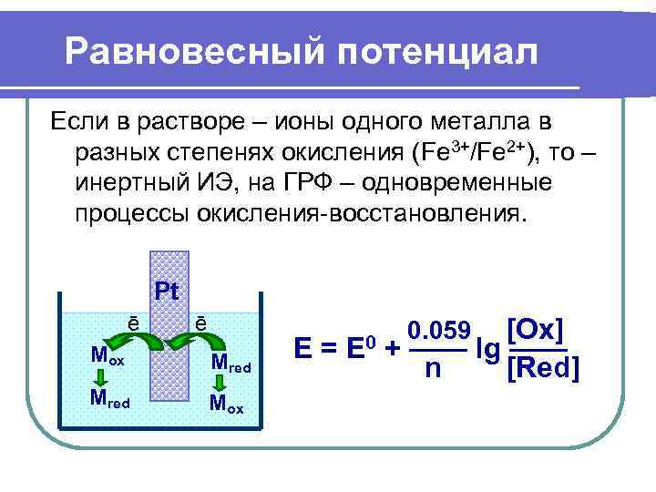  Равновесный потенциал Если в растворе – ионы одного металла в  разных степенях