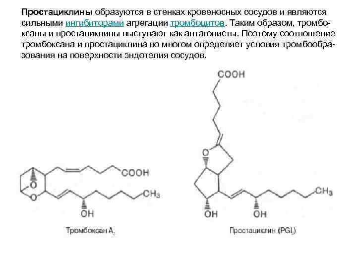Простациклины образуются в стенках кровеносных сосудов и являются сильными ингибиторами агрегации тромбоцитов. Таким образом, Простациклины образуются в стенках кровеносных сосудов и являются сильными ингибиторами агрегации тромбоцитов. Таким образом,
