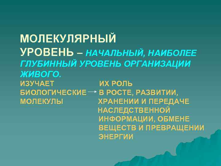 МОЛЕКУЛЯРНЫЙ УРОВЕНЬ – НАЧАЛЬНЫЙ, НАИБОЛЕЕ ГЛУБИННЫЙ УРОВЕНЬ ОРГАНИЗАЦИИ ЖИВОГО. ИЗУЧАЕТ   ИХ РОЛЬ