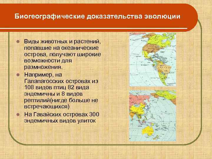 Биогеографические доказательства эволюции  l Виды животных и растений, попавшие на океанические  острова,