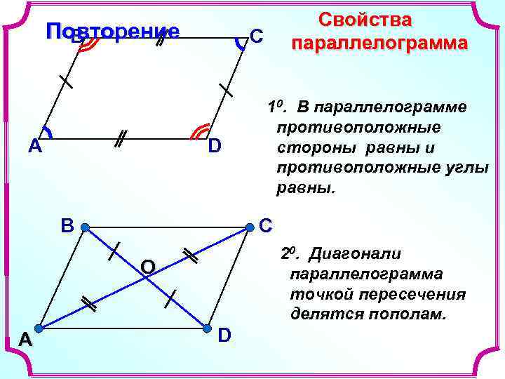 В параллелограмме есть два равных угла верно. Свойства параллелограмма. Диагонали параллелограмма равны. Векторы в параллелограмме. Четвертое свойство параллелограмма.