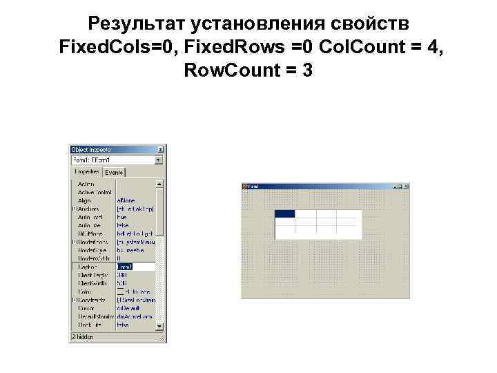   Результат установления свойств Fixed. Cols=0, Fixed. Rows =0 Col. Count = 4,