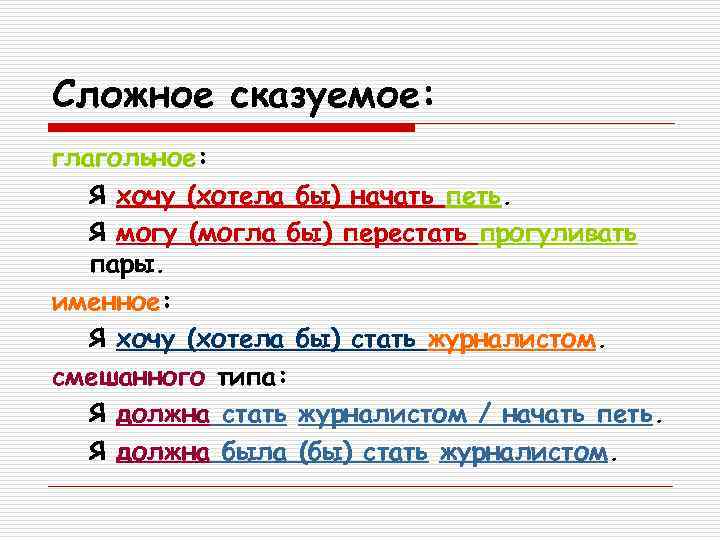 Сложное сказуемое: глагольное: Я хочу (хотела бы) начать петь. Я могу (могла бы) перестать