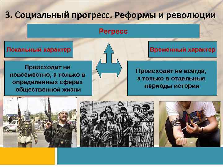 3. Социальный прогресс. Реформы и революции      Регресс Локальный характер