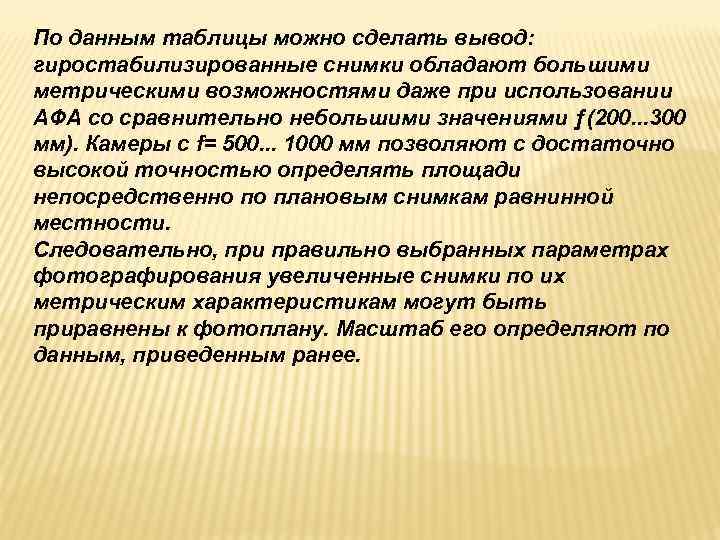 По данным таблицы можно сделать вывод: гиростабилизированные снимки обладают большими метрическими возможностями даже при По данным таблицы можно сделать вывод: гиростабилизированные снимки обладают большими метрическими возможностями даже при