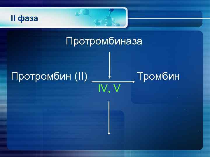II фаза  Протромбин (II)  Тромбин    IV, V 