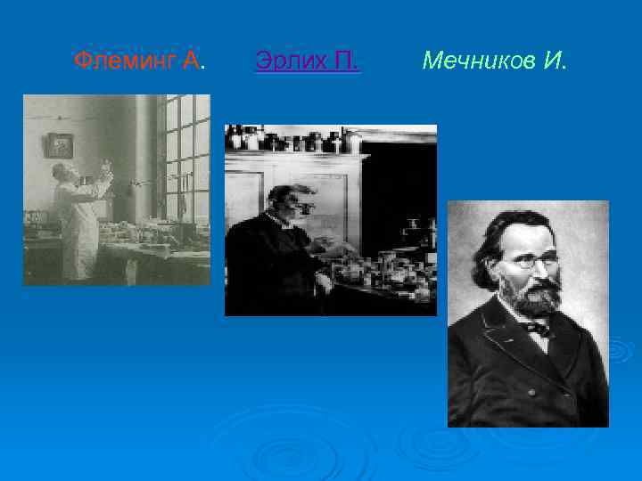 Флеминг А.  Эрлих П.  Мечников И. 