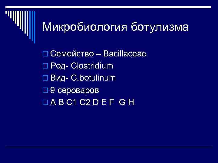 Микробиология ботулизма o Семейство – Bacillaceae o Род- Clostridium o Вид- С. botulinum o