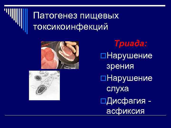 Патогенез пищевых токсикоинфекций   Триада:    o. Нарушение   