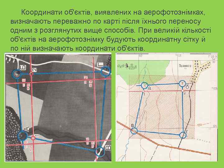   Координати об'єктів, виявлених на аерофотознімках, визначають переважно по карті після їхнього переносу