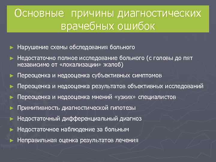   Основные причины диагностических   врачебных ошибок ►  Нарушение схемы обследования