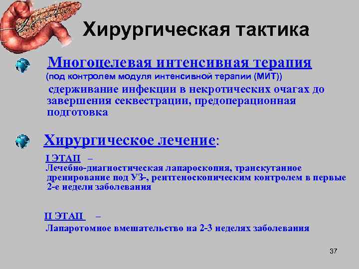   Хирургическая тактика Многоцелевая интенсивная терапия (под контролем модуля интенсивной терапии (МИТ)) сдерживание