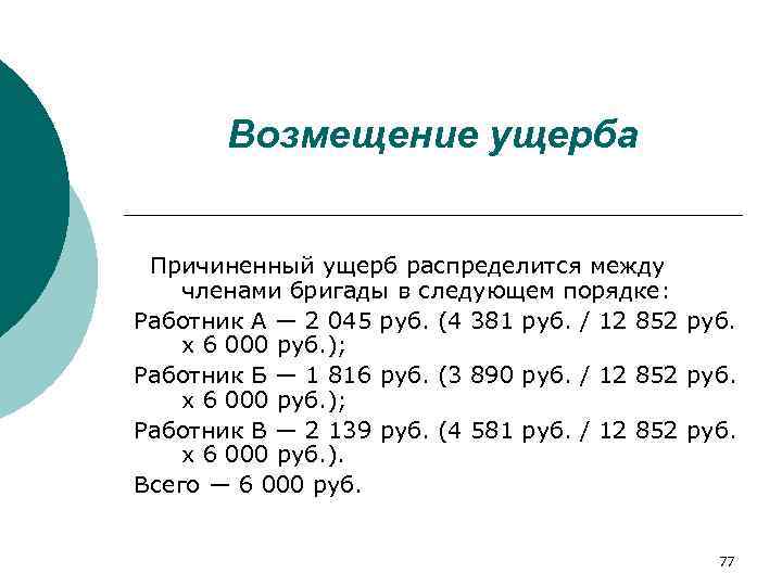   Возмещение ущерба Причиненный ущерб распределится между членами бригады в следующем порядке: Работник