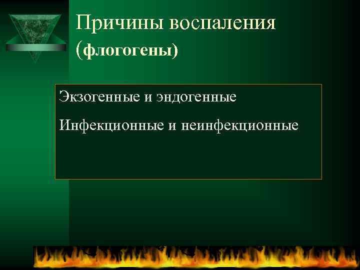  Причины воспаления  (флогогены) Экзогенные и эндогенные Инфекционные и неинфекционные 