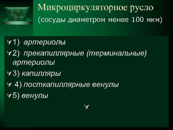   Микроциркуляторное русло  (сосуды диаметром менее 100 мкм)  Ú 1) артериолы