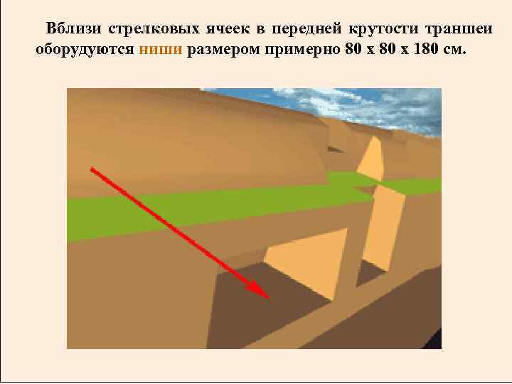   Вблизи стрелковых ячеек в передней крутости траншеи оборудуются ниши размером примерно 80