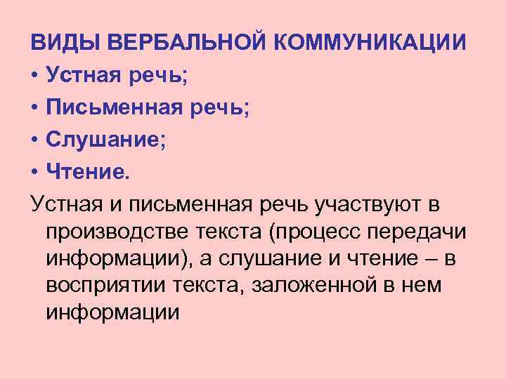ВИДЫ ВЕРБАЛЬНОЙ КОММУНИКАЦИИ • Устная речь;  • Письменная речь;  • Слушание; 