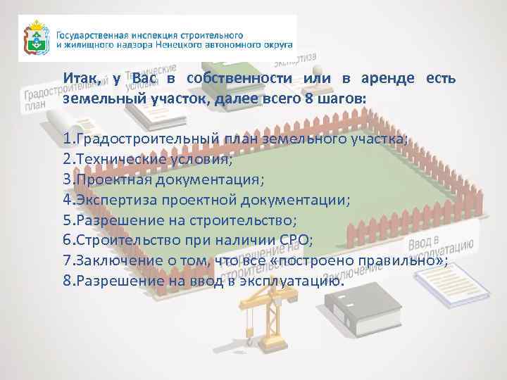 Итак, у Вас в собственности или в аренде есть земельный участок, далее всего 8