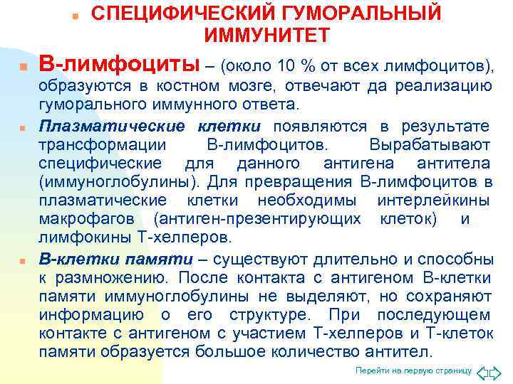   n  СПЕЦИФИЧЕСКИЙ ГУМОРАЛЬНЫЙ    ИММУНИТЕТ n  В-лимфоциты –